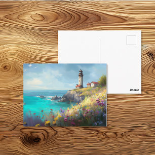 Wildflower Cliff Lighthouse Watercolor Art Postcard