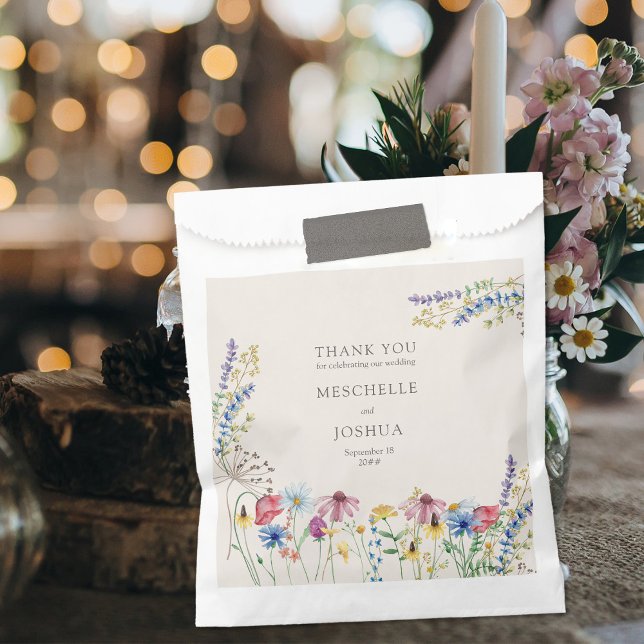 Wildflower Country Floral Thank You Wedding Favour Bag (Favor Bags for your wedding or couples shower with Thank You message and wildflower decor)
