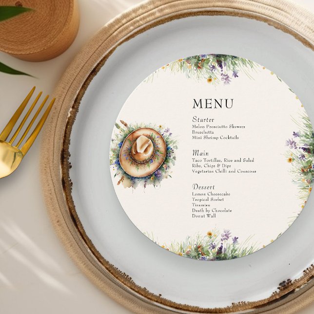 Wildflower Cowgirl Hat Rustic Floral Quinceanera Menu (Round Menu from my Wildflower Cowgirl Hat Quinceanera Collection
)