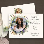 Wildflower Cowgirl Rustic Floral Quinceanera Photo Save The Date<br><div class="desc">Photo Save the Date for Quinceanera (editable), full of rustic elegance and western boho charm. The design features watercolor illustrations of cowgirl hat and colourful muted country meadow wildflowers combined with elegant typography on an ivory cream base. For co-ordinating stationery and day of event decor, check out my Wildflower Cowgirl...</div>