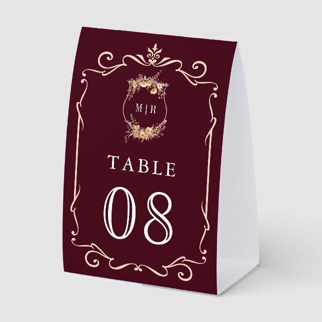 Wildflower Crest Burgundy Wedding Table Number (Front)