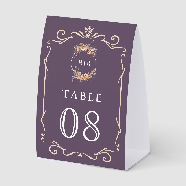 Wildflower Crest Dusty Purple Wedding Table Number (Front)