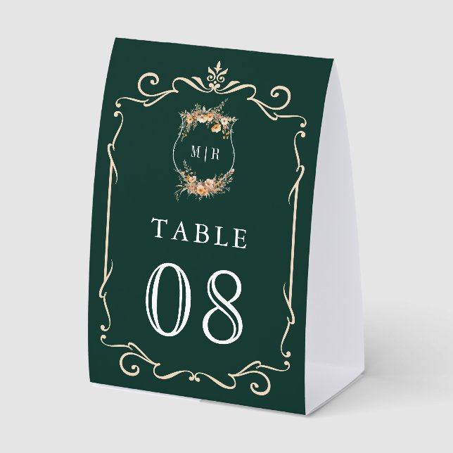 Wildflower Crest Emerald Wedding Table Number (Front)