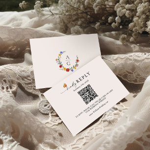 Wildflower Crest Monogram Wedding QR Code RSVP Enclosure Card