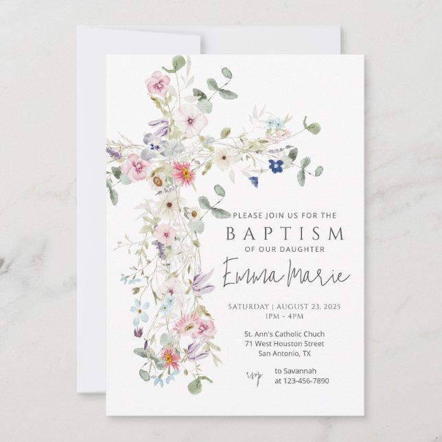 Wildflower Cross Baptism Invitation (Front)