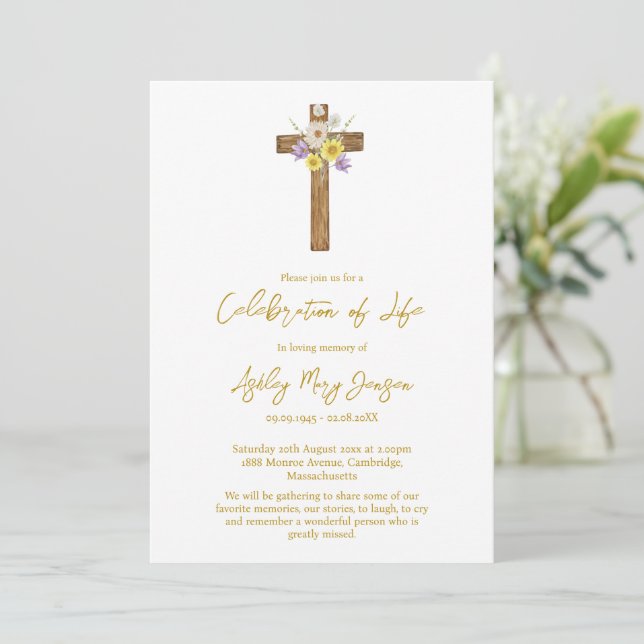 Wildflower Cross Celebration of Life Funeral Invitation (Standing Front)