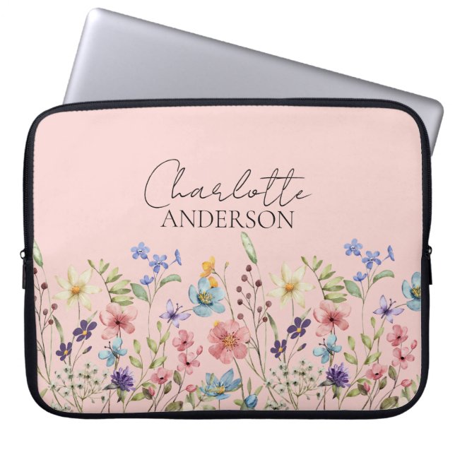  Wildflower Custom Name Blush Pink  Laptop Sleeve (Front)
