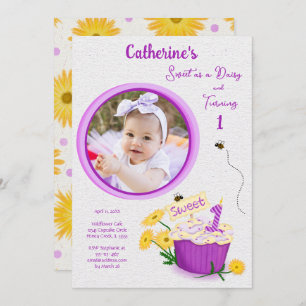 Wildflower Daisy Girl Yellow Purple First Birthday Invitation