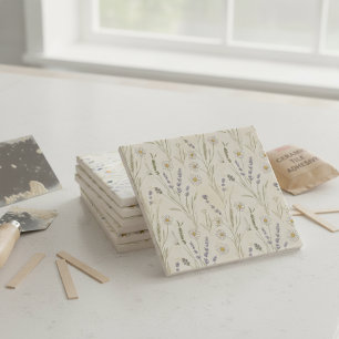 Wildflower Daisy Lavender Cottagecore Pattern Ceramic Tile