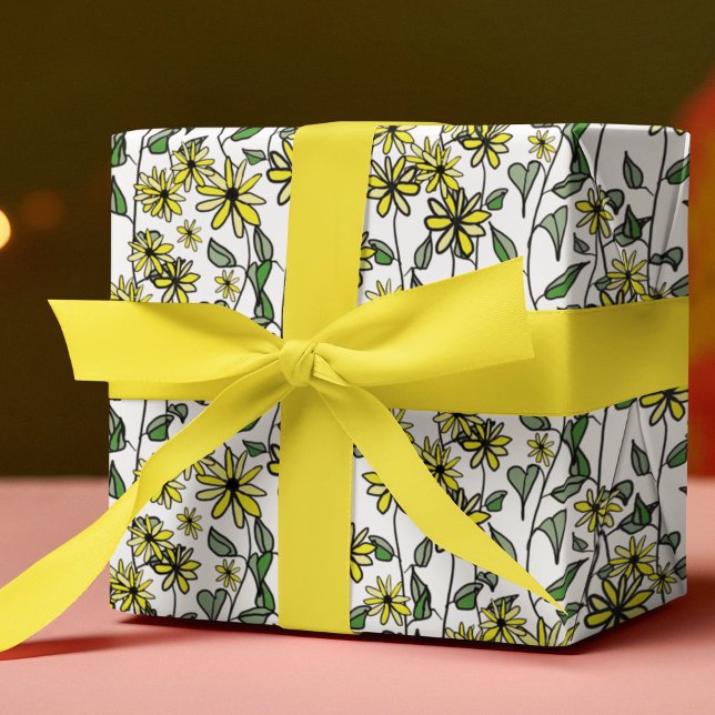 Wildflower Daisy Pattern Cute Boho Hand-Drawn Gift Wrapping Paper (Immerse yourself in the tranquility of the Yellow Wildflowers Collection -- hand-drawn and unique.)