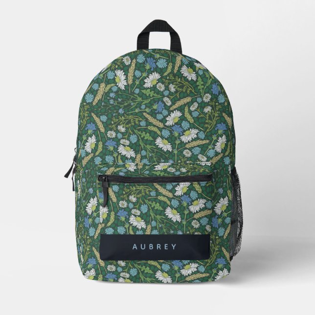 Wildflower Daisy Pattern Forest Green Printed Backpack (Front)