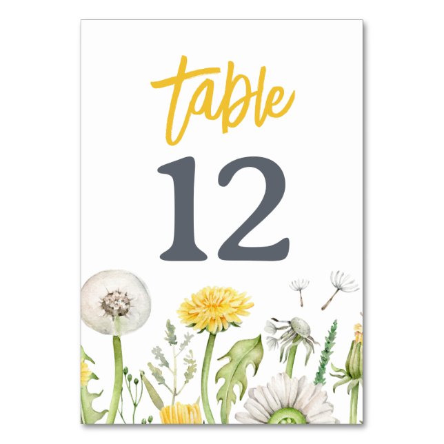 Wildflower Dandelion Garden Wedding Table Number (Front)