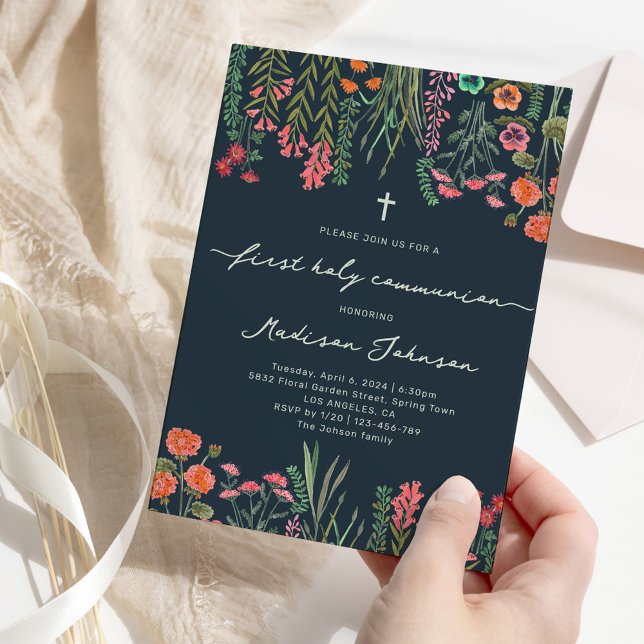 Wildflower dark blue First Holy Communion Invitation (Wildflower dark blue First Holy Communion Invitation)