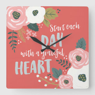 Wildflower Daydreams - Grateful Heart Typography Square Wall Clock