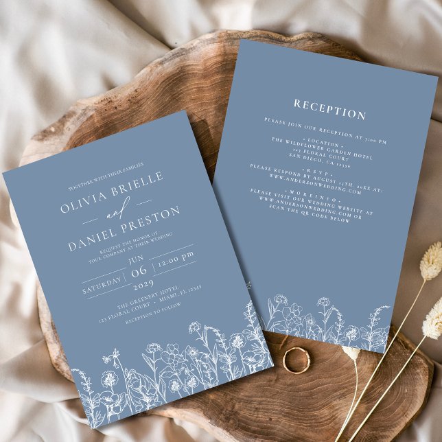 Wildflower Dusty Blue All in One Botanical Wedding Invitation (Creator Uploaded)
