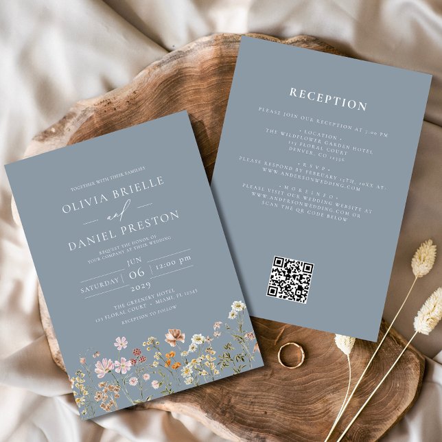 Wildflower Dusty Blue All in One QR Code Wedding Invitation (Creator Uploaded)