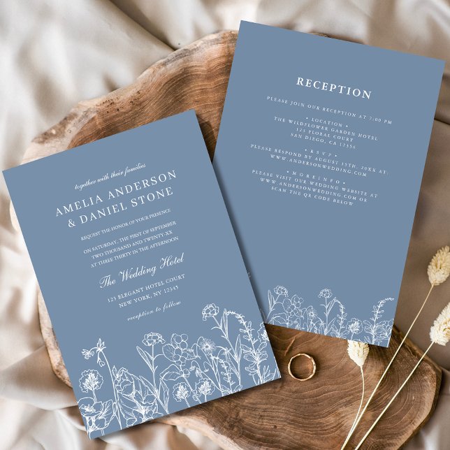 Wildflower Dusty Blue Botanical All in One Wedding Invitation (Creator Uploaded)