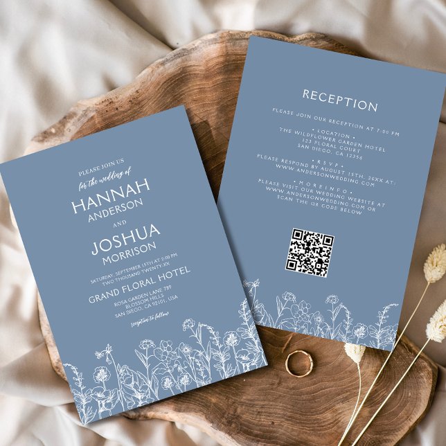 Wildflower Dusty Blue Botanical QR Code Wedding Invitation (Creator Uploaded)