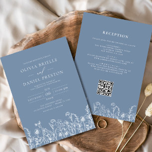 Wildflower Dusty Blue Botanical QR Code Wedding Invitation