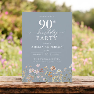 Wildflower Dusty Blue Garden Floral 90th Birthday Invitation