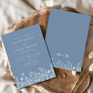 Wildflower Dusty Blue Monogram Botanical Wedding Invitation