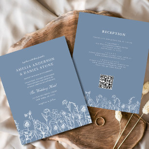 Wildflower Dusty Blue QR Code Wedding Invitation