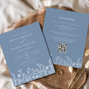 Wildflower Dusty Blue QR Code Wedding Invitation Flyer