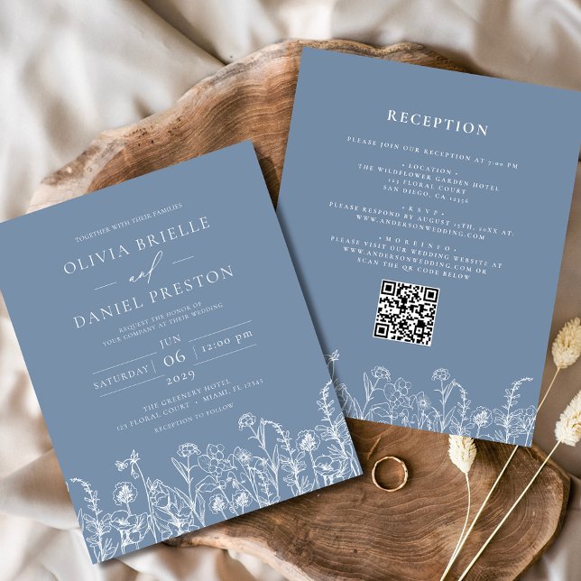 Wildflower Dusty Blue QR Code Wedding Invitation Flyer (Creator Uploaded)