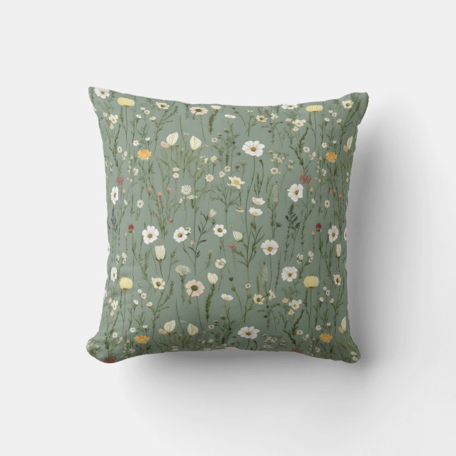 Wildflower Dusty Sage Floral Green Cushion (Front)