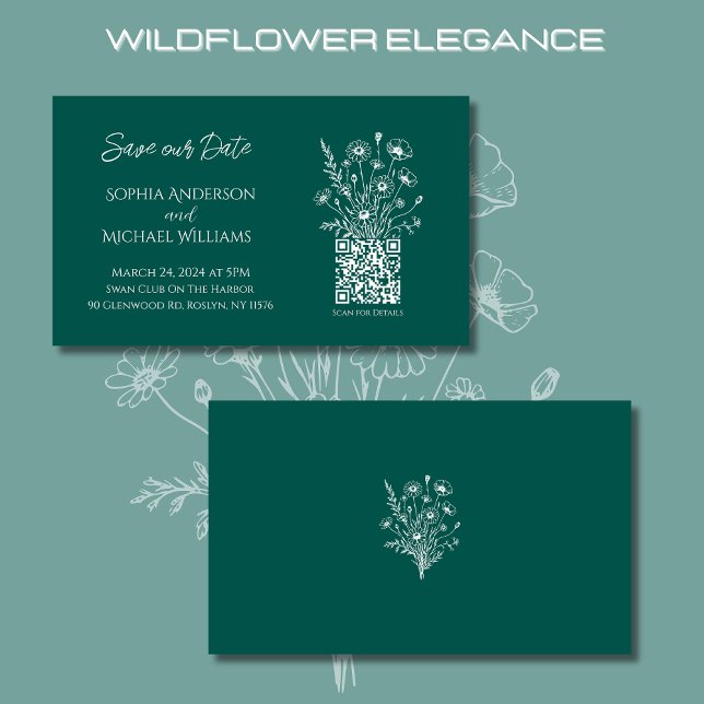 Wildflower Elegance-Wedding Save The Date- Green- Business Card (Wildflower Elegance Wedding Save Our Date-Emerald Green-Rustic, Country, Bohemian)