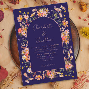 Wildflower Elegant Arch Navy Blue Fall Wedding Invitation