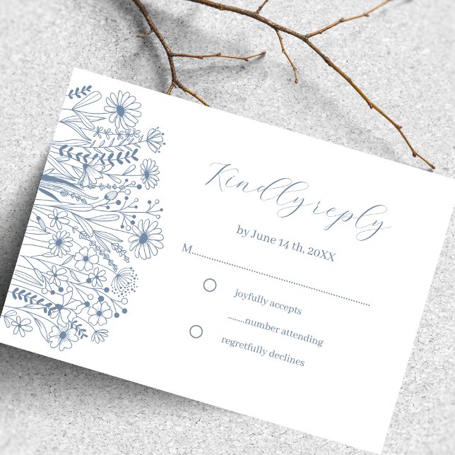  Wildflower Elegant Boho Dusty Blue Wedding RSVP Card (Creator Uploaded)