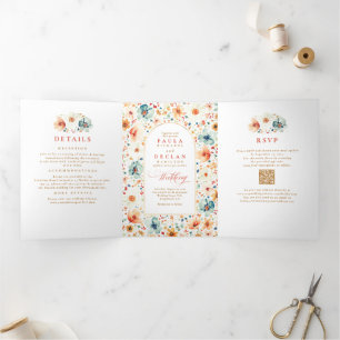 Wildflower Elegant Boho Fall Wedding Photo Tri-Fold Invitation