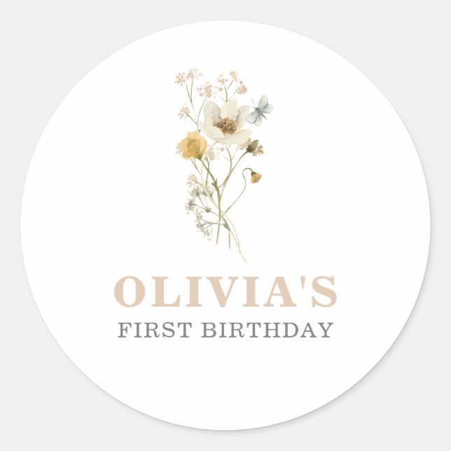 Wildflower Elegant boho garden First Birthday Classic Round Sticker (Front)