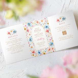 Wildflower Elegant Boho Garden Wedding Photo Tri-Fold Invitation