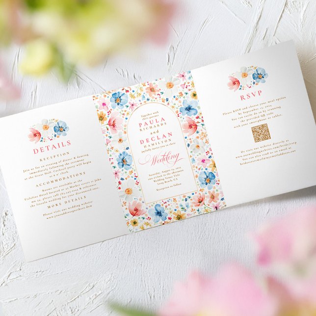 Wildflower Elegant Boho Garden Wedding Photo Tri-Fold Invitation (Wildflowers Wedding Invitation with RSVP, Details and Photo)