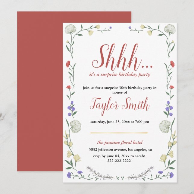 wildflower  elegant Floral Surprise Party Invite (Front/Back)