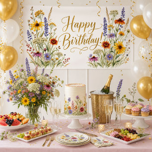 Wildflower Elegant Gold Script Happy Birthday Banner