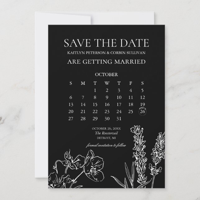 Wildflower Elegant Gothic Calendar Save The Date Invitation (Front)