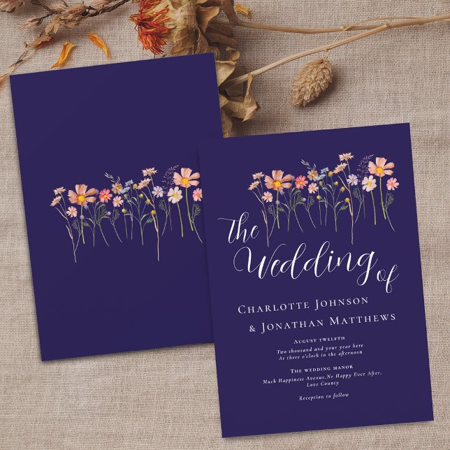 Wildflower Elegant Script Navy Blue Terracotta Invitation (Wildflower meadow navy blue terracotta floral fall Wedding invitation white Elegant modern script )