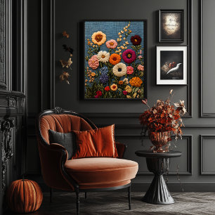 Wildflower Embroidery Style Vintage Botanical Poster
