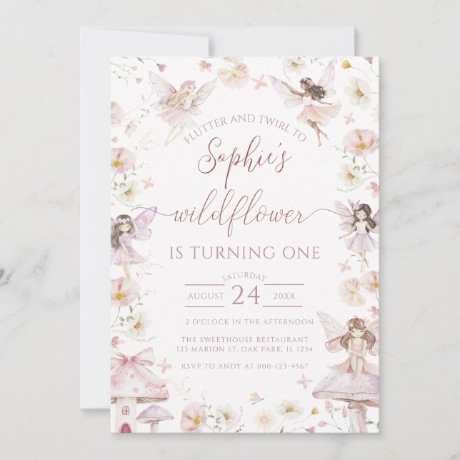 Wildflower Fairy First 1st Birthday Party  Invitation (Front)
