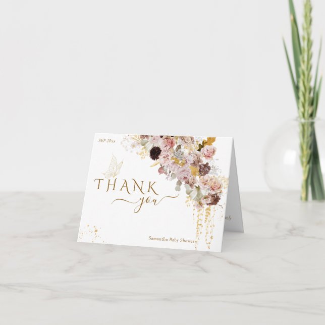 Wildflower Fall Elegant Gold Baby Girl Shower Thank You Card (Front)
