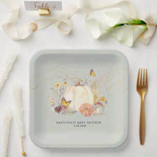 Wildflower Fall Pumpkin Mushrooms Boy Baby Shower Paper Plate