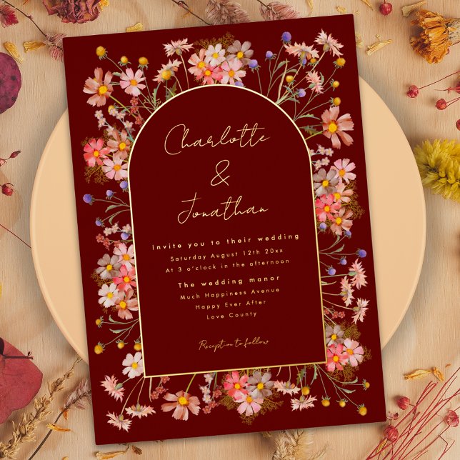 Wildflower Fall Wedding Burgundy Terracotta Gold (Gold foil script wildflower arch terracotta fall wedding)