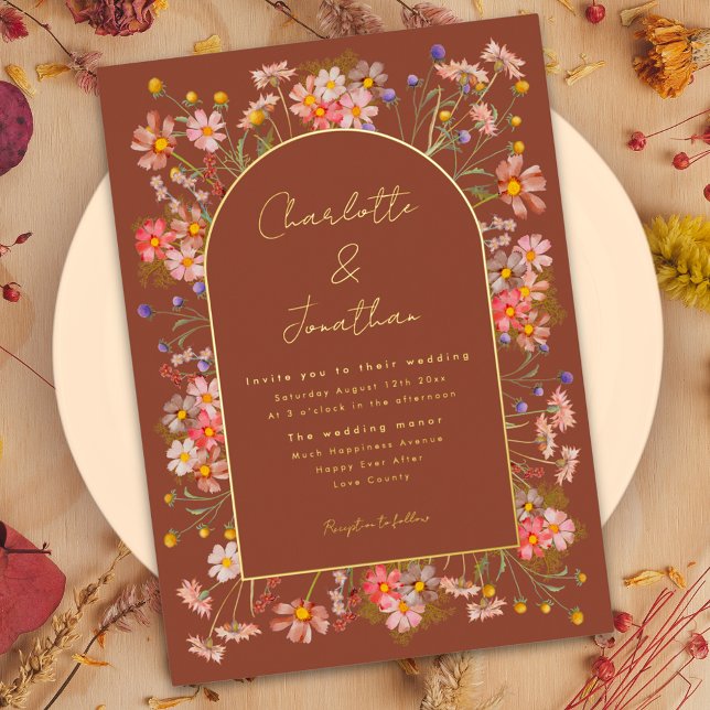 Wildflower Fall Wedding Burnt Orange Gold (Wildflower arch burnt Orange terracotta gold foil wedding invitation )