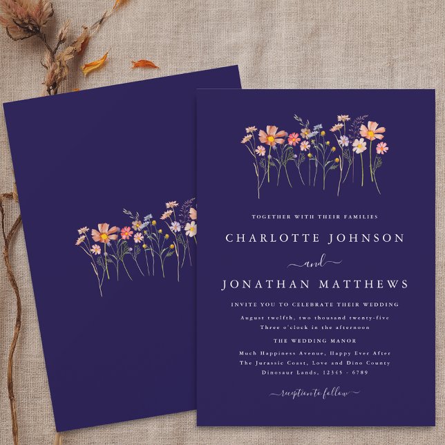 Wildflower Fall Wedding Navy Blue Terracotta Pink Invitation (Boho fall simple Wildflower floral navy blue terracotta blush pink Wedding invitation)