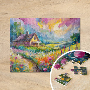 Wildflower Farmhouse Landscape Modern Abstract Art Jigsaw Puzzle