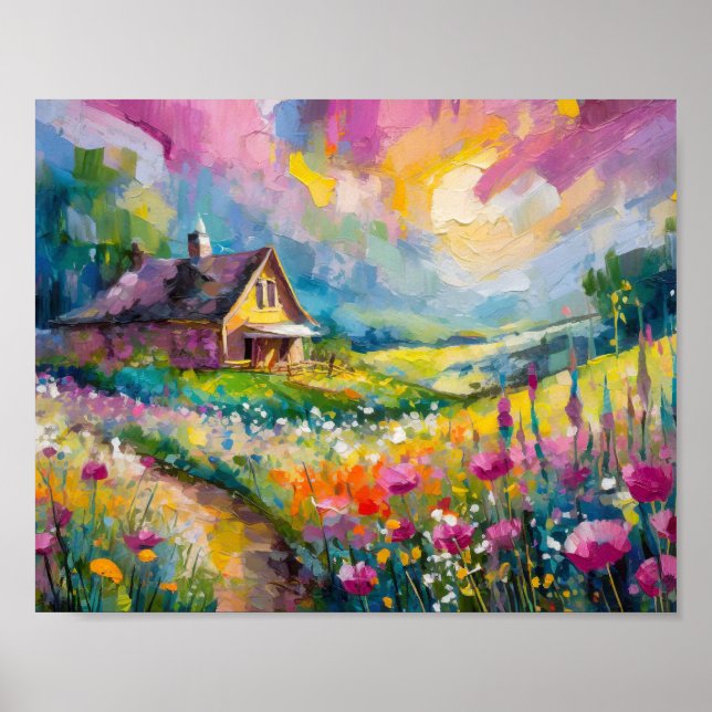 Wildflower Farmhouse Landscape Modern Abstract Art Poster (Front)