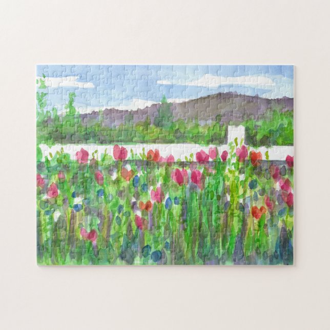 Wildflower Field Poppies Watercolor Landscape Jigsaw Puzzle (Horizontal)